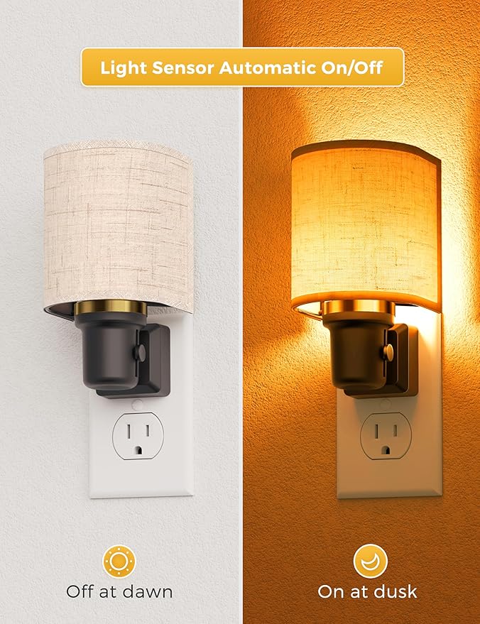 L LOHAS LED Amber Night Lights Plug into Wall, Plug in Night Light Dimmable, Farmhouse Decorative Nightlights Plug in Wall, Light Sensor, Linen Fabric Yellow Nightlight for Bedroom Hallway, 1 Pack