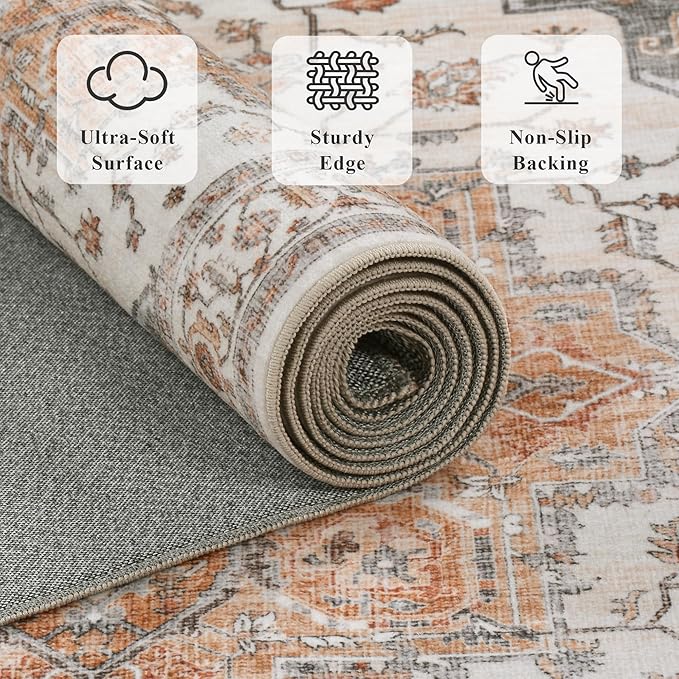 2x6 Vintage Runner Rug Low Pile Runners Non-Slip Machine Washable Rug Retro Distressed Print Lightweight Carpet for Hallway Kitchen Living Room Bedroom Laundry Room