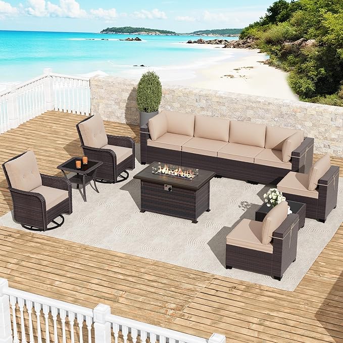 Gotland 11 Pieces Patio Furniture Set with Fire Pit Table Swivel Chairs, PE Rattan Outdoor Furniture with 29.5'' High Backrest 4’’ Thick Cushions, Outdoor Sectional for Porch, Deck, Garden, Khaki