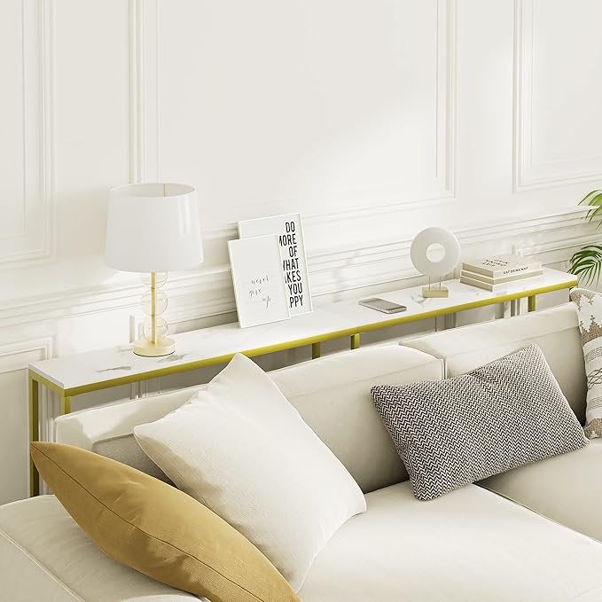 70.9" Console Table,Modern Extra Narrow Long Sofa Table Behind Couch,Skinny Entry Table with Gold Metal Frame for Living Room, Hallway,Marble White