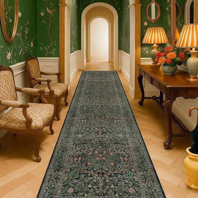 Dark Green Washable 3x16 Extra Long Runner Rug for Hallway Non Slip, Large Kitchen Indoor Floor Rugs for Entryway Hall Way, Soft Stain Resistant Low Pile Vintage Floral Carpet