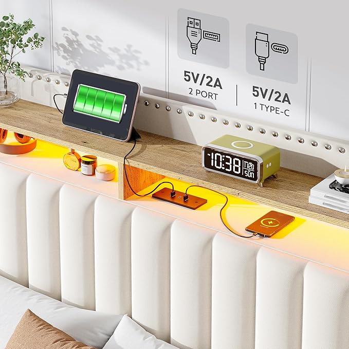 EnHomee Full Size Bed Frame with 2-Tier Storage Headboard & Charging Station, LED Platform Bed Frame with 2 Storage Drawers, Sturdy Wooden Slats Support, Noise-Free, No Box Spring Needed, Beige