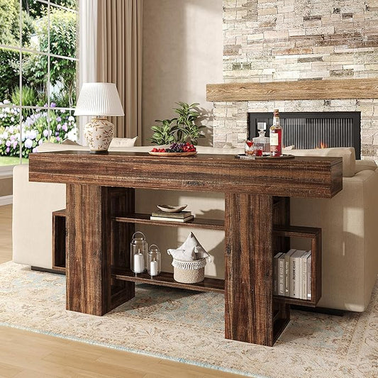 Feonase 63 Inches Long Console Table for Entryway, Wooden Sofa Table Behind Couch with 3-Tier Storage, Farmhouse Narrow Entry Hallway Table for Living Room Foyer Entrance, Rustic Brown