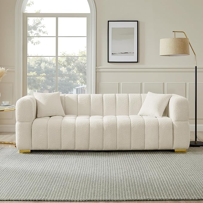 VANOMi 90.94”Cloud Sofa Couch, Modern Deep Seat Boucle Sofa, Oversized Upholstered 3-Seater Comfy Couch Loveseat for Living Room, Bedroom, Office, Apartment, White (1 Piece)