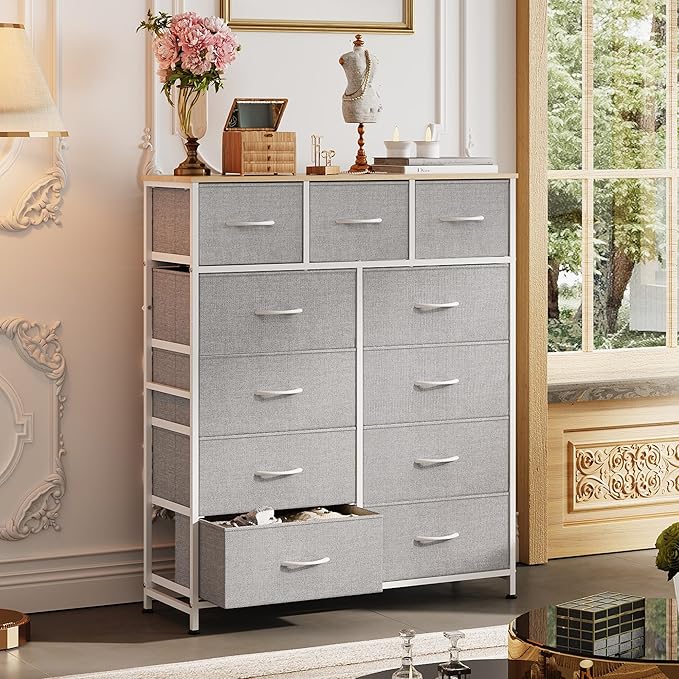 WLIVE Storage Organizer Unit with 11 Fabric Bins, Storage Drawers Organizer with Steel Frame, Tall Storage Tower Organizaton for Living Room, Hallway, Office, Light Grey
