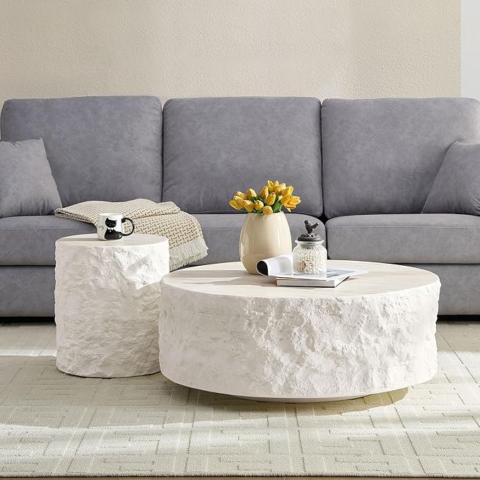 Round Fiberglass Coffee Table for Living Room,15.75 Inch Side Table for Bedroom,Modern Design Imitation Stone End Table for Apartment,No Need Assembly,Beige