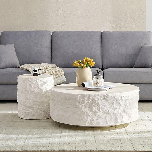 Round Fiberglass Coffee Table for Living Room,15.75 Inch Side Table for Bedroom,Modern Design Imitation Stone End Table for Apartment,No Need Assembly,Beige