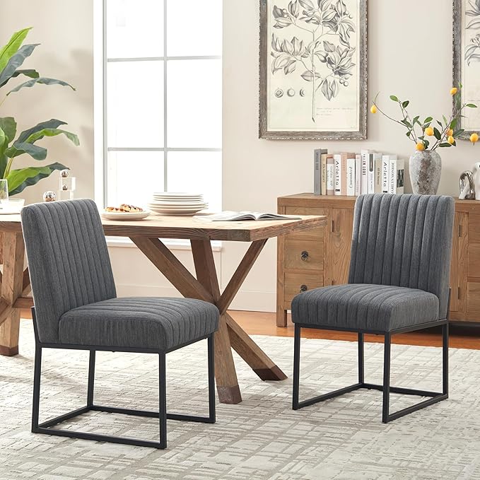VKNOW Upholstered Dining Chairs, Modern Dining Room Chairs with Stripe, Linen Kitchen Chair Dinner Chair with Black Metal Base for Kitchen Office, Dark Grey