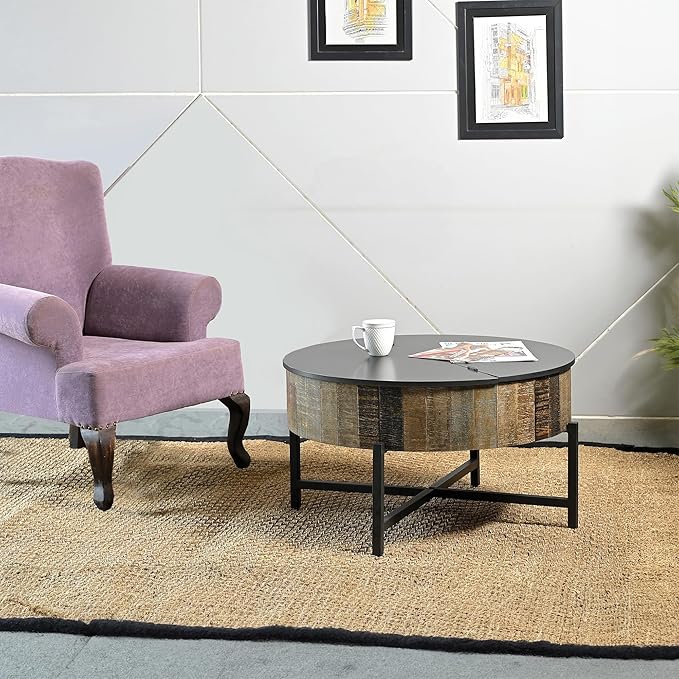 Modern Contemporary Round Lift Top 34.4" Coffee Table with Storage and Hidden Compartment, Farmhouse Coffee Table with Metal Legs for Living Room, Reception Room Rustic Vintage