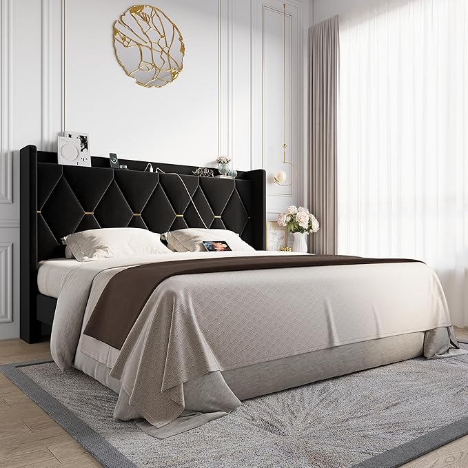 Allewie Velvet King Size Upholstered Bed Frame with Wingback Storage Headboard & Charging Station, Platform Bed with Diamond Tufted Design & Gold Trim, No Box Spring Needed, Easy Assembly, Black