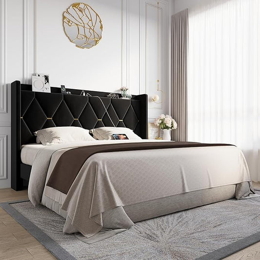 Allewie Velvet King Size Upholstered Bed Frame with Wingback Storage Headboard & Charging Station, Platform Bed with Diamond Tufted Design & Gold Trim, No Box Spring Needed, Easy Assembly, Black