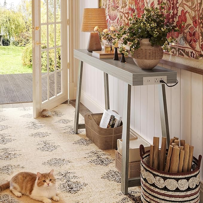 Huuger Entryway Console Table with Charging Station, USB-C Port, 47.2 Inch Sofa Table with Metal Legs, Entry Hallway Table with Thicker Desktop, Modern Behind Couch Table, Grey