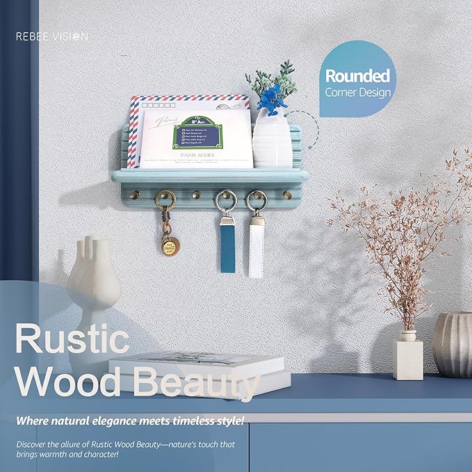 Rebee Vision Pine Wood Key Holder Wall Mount for Room Accessories – Decorative Key Holder for Wall with 6 Hooks & Floating Shelf – Rustic Wall Organizer for Home Decor Aesthetic (Blue)