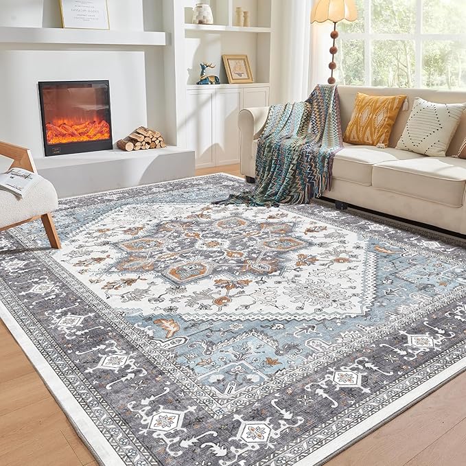 OPPODREAM Thin 10x14 Area Rugs, Washable Rugs 10x14 with Non Slip Backing, Low-Pile Faux Cashmere 10 x 14 Carpet, Grey & Teal & Yellow