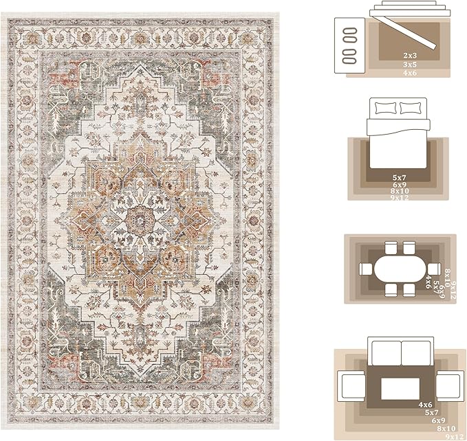 6x9 Area Rugs for Living Room Ultra-Soft Washable Rug Vintage Distressed Boho Area Rug, Non-Slip Retro Print Low Pile Stain Resistant Carpet for Bedroom Dining Room Kitchen Office