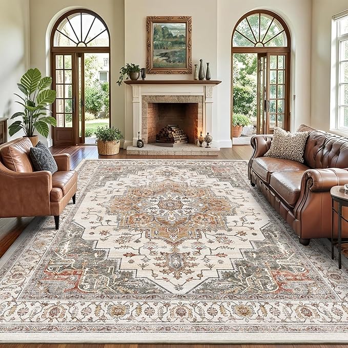 8x10 Area Rugs for Living Room Ultra-Soft Washable Rug Vintage Distressed Boho Area Rug, Non-Slip Low Pile Stain Resistant Carpet for Bedroom Dining Room Kitchen Office