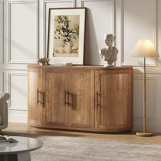 Christopher Knight Home Tian Modern Wooden Kitchen Sideboard Cabinet with Metal Handles, Living Room Storage Cabinet with Shelves, Spacious Dining Room Cupboard with 4 Doors, Curved Form, Natural