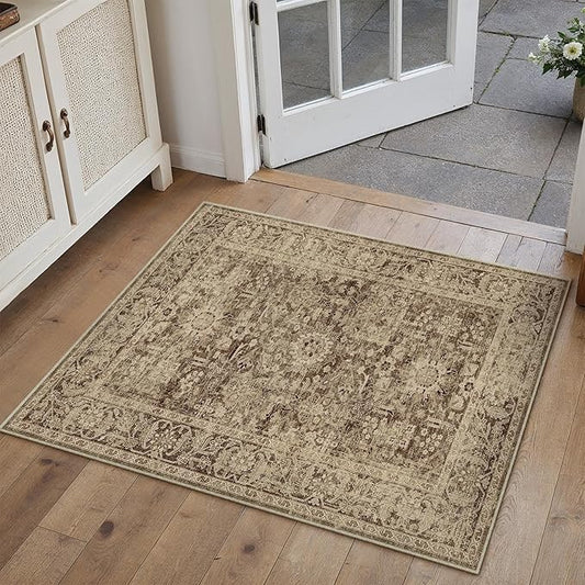 Brown 2x3 Entryway Area Rug Machine Washable Doormat Kitchen Vintage Distressed Non Slip Carpet Indoor Traditional Floral Accent Throw Small Rug for Bathroom Office Bedroom Living Dining Room