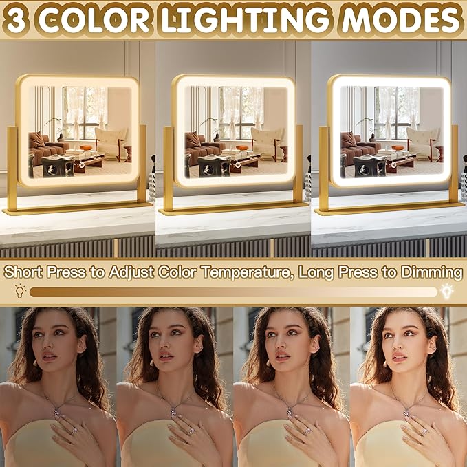 FENNIO Vanity Mirror with Lights 14x12 Inch - Makeup Mirror with Lights Tabletop, 3-Color Dimmable Lighted Mirror, Touch Control Desktop Mirror for Women (Gold)