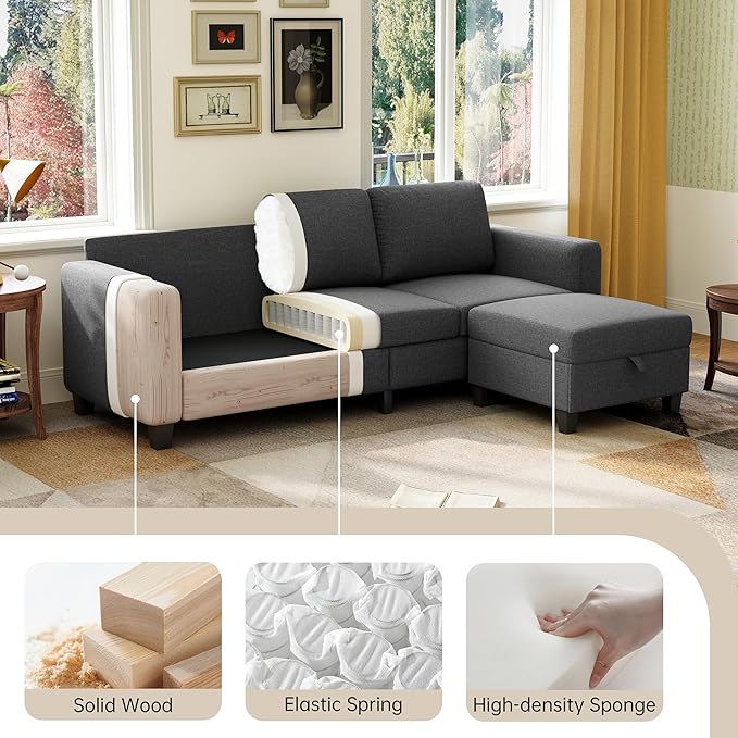 Sectional Sofa Couches for Living Room, 78'' Dark Grey 3 Seater L-Shaped Couch with Storage Ottoman, Comfy Fabric Convertible Sectionals Sofas with Chaise for Apartment, Office, Small Space