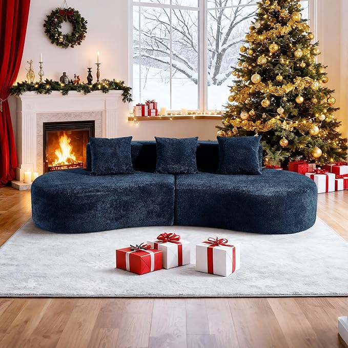 109'' Curved Couch, Mid Century Modern Half Moon Sofa, Luxury 3-Seat Couch with High-Density Foam Filled, Raindrop Velvet Fabric Sectional Sofa for Living Room, Apartment, Office, Blue