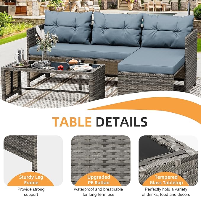 Shintenchi Outdoor Patio Furniture Sets, Wicker Patio sectional Sets 3-Piece, All Weather Wicker Rattan Patio Seating Sofas with Glass Coffee Table and Cushion (Blue Grey)
