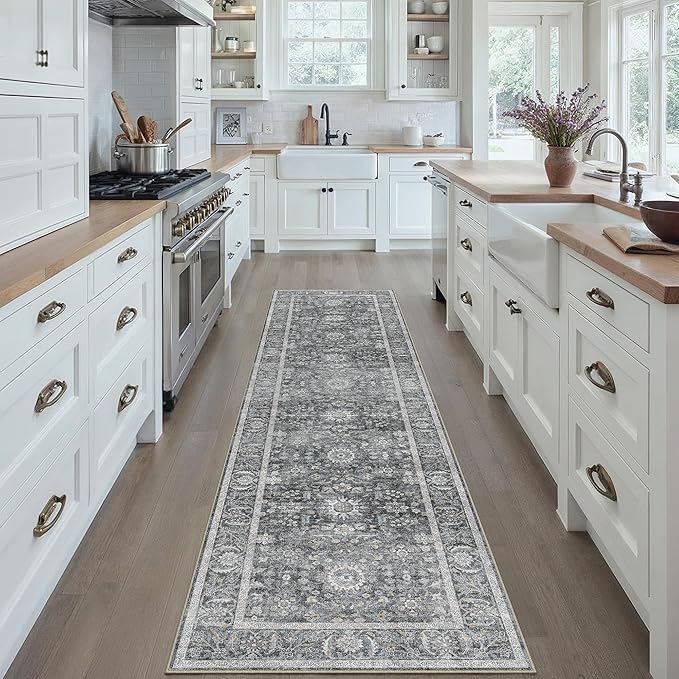 Blue 2x8 Runner Rug Hallway Non Slip Kitchen Vintage Distressed Long Carpet Indoor Machine Washable Traditional Floral Bedroom Accent Throw Rug for Office Laundry Bathroom Dining Living Room