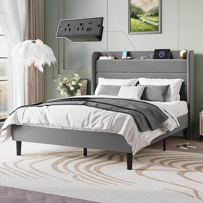 SHA CERLIN Full Size Bed Frame with Charging Station, Velvet Upholstered Platform Bed, Wingback Storage Headboard, Type-C & USB Ports, Strong Wooden Slats, No Box Spring Needed, Easy Assembly, Grey
