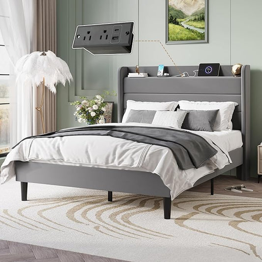 SHA CERLIN Full Size Bed Frame with Charging Station, Velvet Upholstered Platform Bed, Wingback Storage Headboard, Type-C & USB Ports, Strong Wooden Slats, No Box Spring Needed, Easy Assembly, Grey
