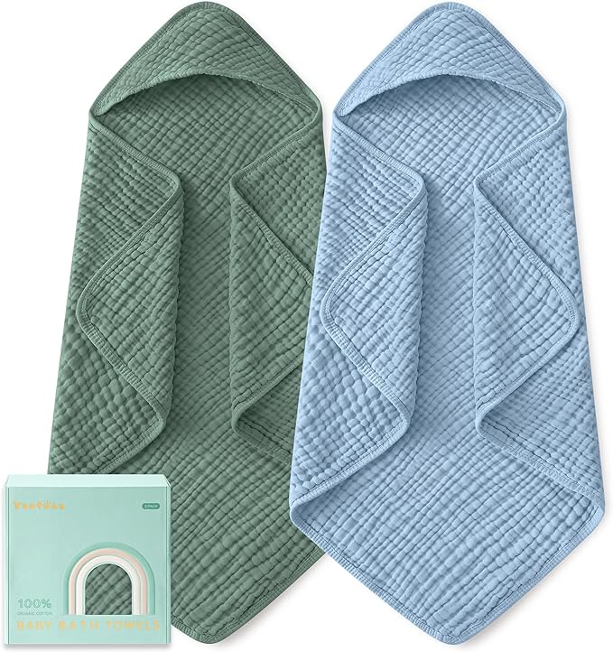 Yoofoss Hooded Baby Towels for Newborn 2 Pack 100% Muslin Organic Cotton Baby Bath Towel with Hood for Babies, Infant, Toddler and Kids, Large 32x32Inch, Soft and Absorbent Newborn Essential