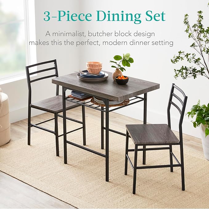 Best Choice Products 3-Piece Modern Dining Set, Space Saving Dinette for Kitchen, Dining Room, Small Space w/Steel Frame, Built-in Storage Rack - Gray/Black
