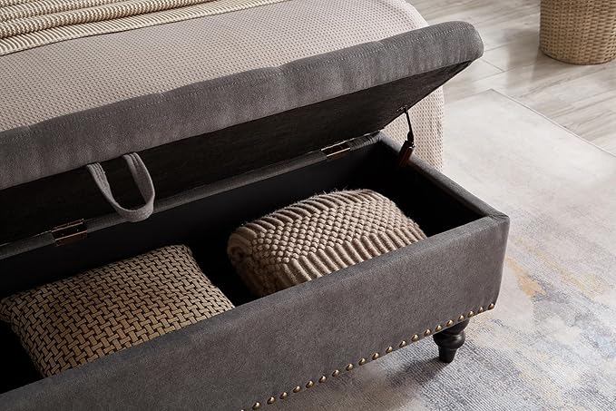 mikibama Linen Storage Bench for Bedroom End of Bed,59" Long Tufted Bed Bench with Storage,Modern Mid Century Storage Ottoman Bench for Window,Entryway,Living Room Solid Wood Legs (Grey)
