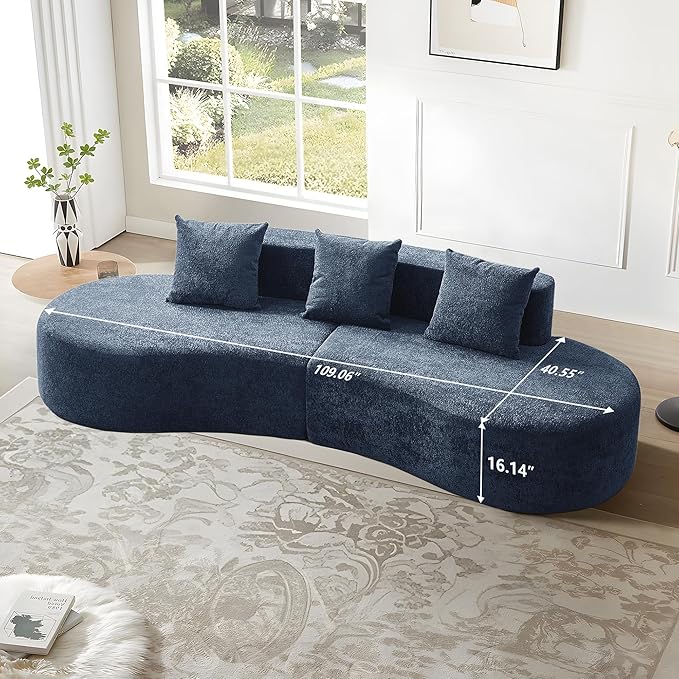 109'' Curved Couch, Mid Century Modern Half Moon Sofa, Luxury 3-Seat Couch with High-Density Foam Filled, Raindrop Velvet Fabric Sectional Sofa for Living Room, Apartment, Office, Blue