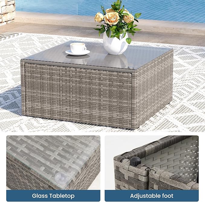 8 Pieces Outdoor Patio Furniture Set with 43" Fire Pit Table, Wicker Outdoor Patio Sectional Sofas with Cushions and Coffee Table, All-Weather Patio Conversation Set for Garden Backyard, Light Blue