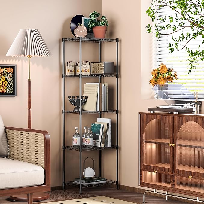 IZEUK 5 Tier Metal Wire Shelf Unit, Black Storage Rack Organizer for Kitchen, Bedroom, Living Room or Laundry Room, 17.7" W x 11.8" D x 55.0" H