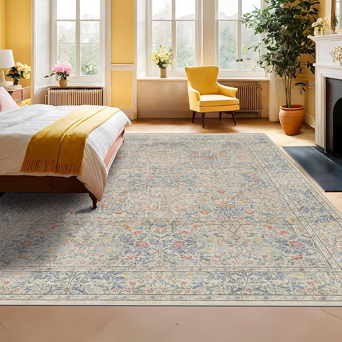 Washable Dining Room Rugs, 7x9 Area Rug for Living Room, Bedroom, Kids Playroom, Low Pile Non-Slip Lightweight & Stain Resistance - Light Beige Blue Oriental Vintage Design