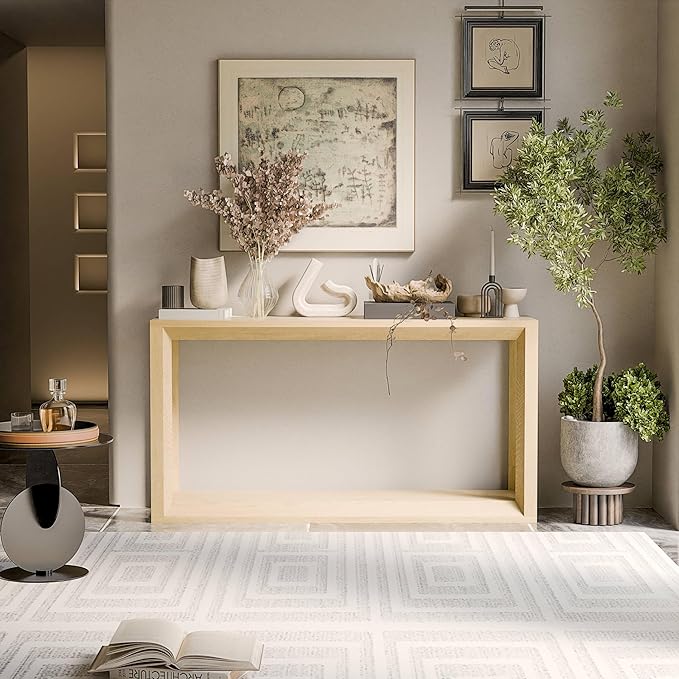 60" Rectangular Solid Wood Veneer Console Table for Entryway, Wide Sofa Table, Behind Couch Table with Ample Storage for Entryway & Living Room, Oak