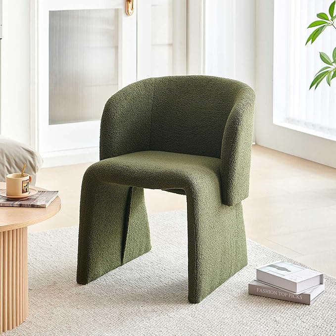 Modern Dining Chair Green Upholstered Barrel Home Kitchen Chair with Metal Frame, Comfy Accent Chair Teddy Velvet Single Sofa Chairs for Living Room,Bedroom