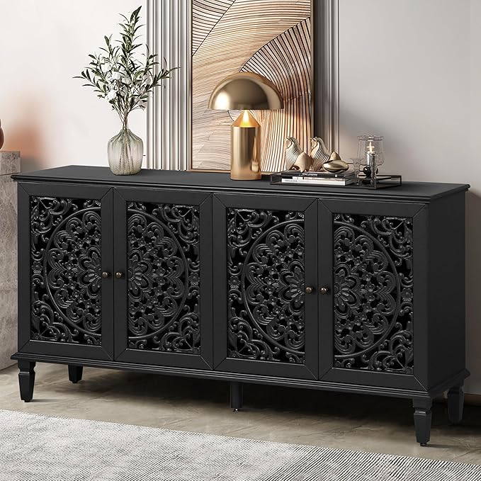 Retro 60'' Large Storage Cabinet Sideboard with 4 Hollow-Carved Doors and Adjustable Shelves, Acacia Wood Vintage Entryway Console Table TV Stand for Living Room Dining Room (Black-LK)