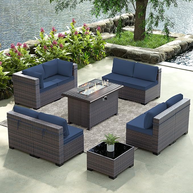 Gotland 10 Pieces Patio Furniture Set with Fire Pit Table, All Weather Rattan Outdoor Furniture with 29.5'' High Backrest 4’’ Thick Cushions Coffee Table, Outdoor Sofa for Deck, Garden, Backyard, Navy