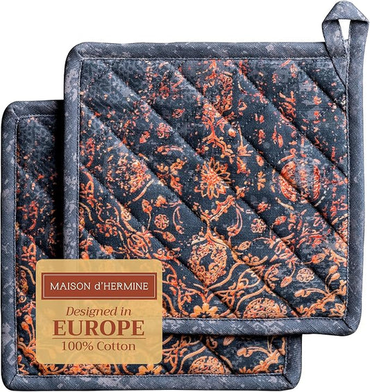 Maison d' Hermine Pot Holders Set 100% Cotton Heat Resistant Potholders 8" x 8" Hot Pads with Loop for Thanksgiving Christmas Decorations BBQ Cooking Baking Handling Hot Pans (Pack of 2, Imperfection)