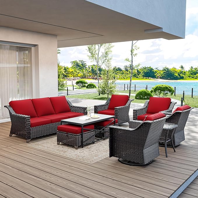 9 Pieces Wicker Patio Furniture, Luxury Outdoor Furniture with 2 Patio Swivel Chair, 2 Chair, 3-Seater Sofa, 2 Ottoman, 1 Coffee Table and 1 Side Table, Wide Armrest, Thickened Cushions