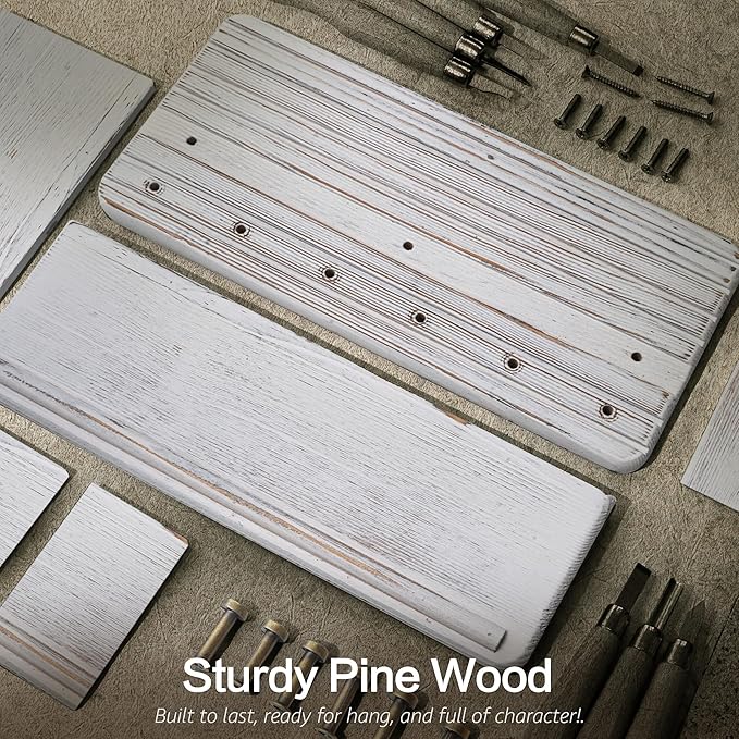 Rebee Vision Decorative Pine Wooden Key Holder Wall Mount for Apartment Essentials – Pine Wooden Key Holder for Wall with 6 Hooks & Floating Shelf – Modern Farmhouse House Decor (Whitewash)