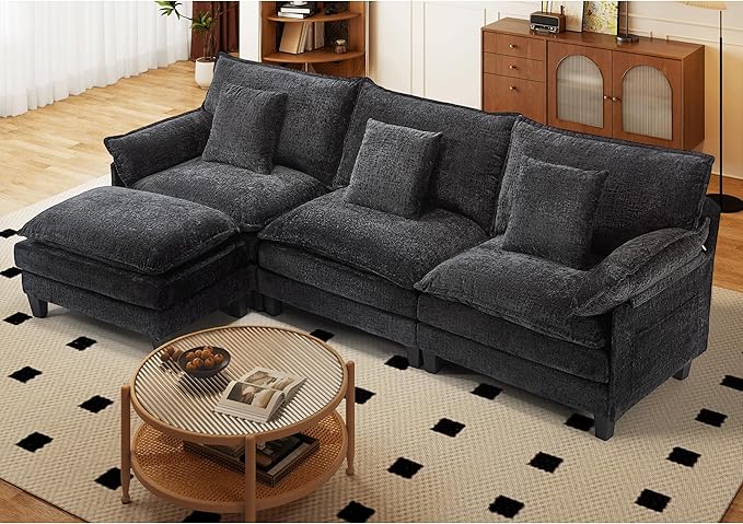 Comfy Chenille Cloud Couch with Movable Ottoman, Modular Sectional Sofa, 106" L Shaped Modern Sofa with Pillows, Deep Seat Couches for Living Room, Bedroom and Apartment, Black