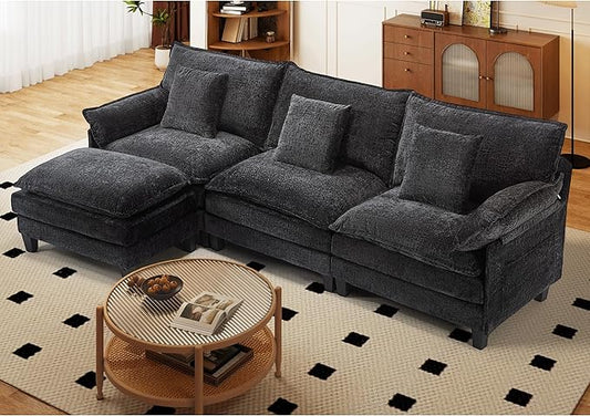 Comfy Chenille Cloud Couch with Movable Ottoman, Modular Sectional Sofa, 106" L Shaped Modern Sofa with Pillows, Deep Seat Couches for Living Room, Bedroom and Apartment, Black