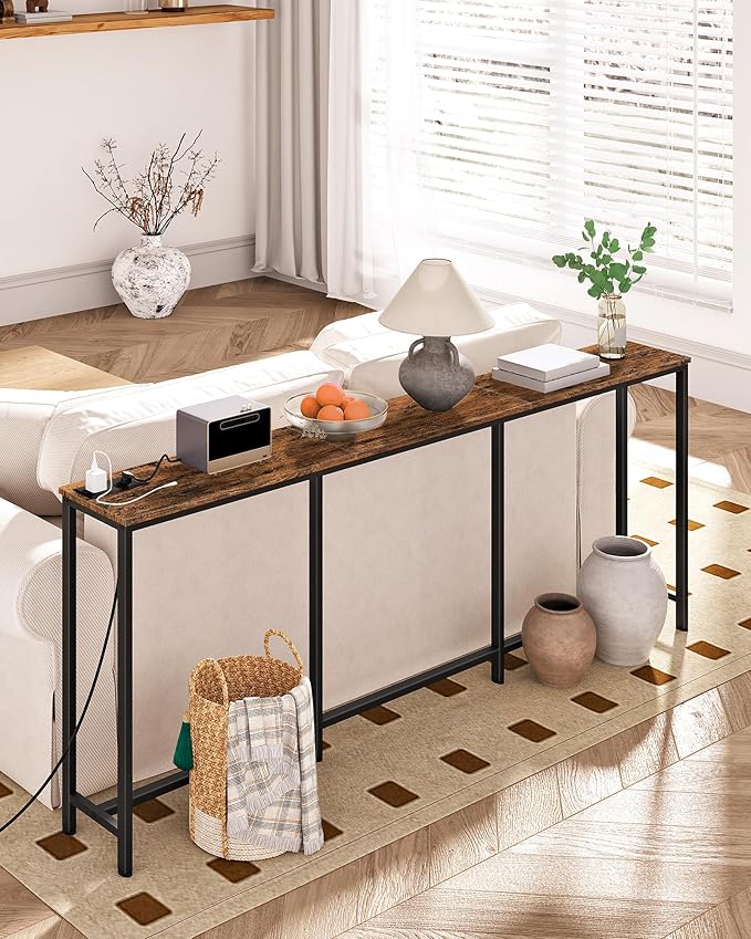 70.9" Narrow Console Table with Power Outlet 7.1" Skinny Sofa Table, Long Behind Couch with Charging Station for Hallway, Living Room Rustic Brown and Black TXG18UBF