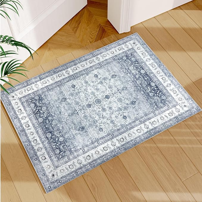 AMADA HOMEFURNISHING 2x3 Washable Area Rug, Low-Profile Entryway Rug with Non-Slip Backing & Durable Edge Binding, Vintage Rug Pattern, Small Rugs for Entryway, Kitchen & Living Room