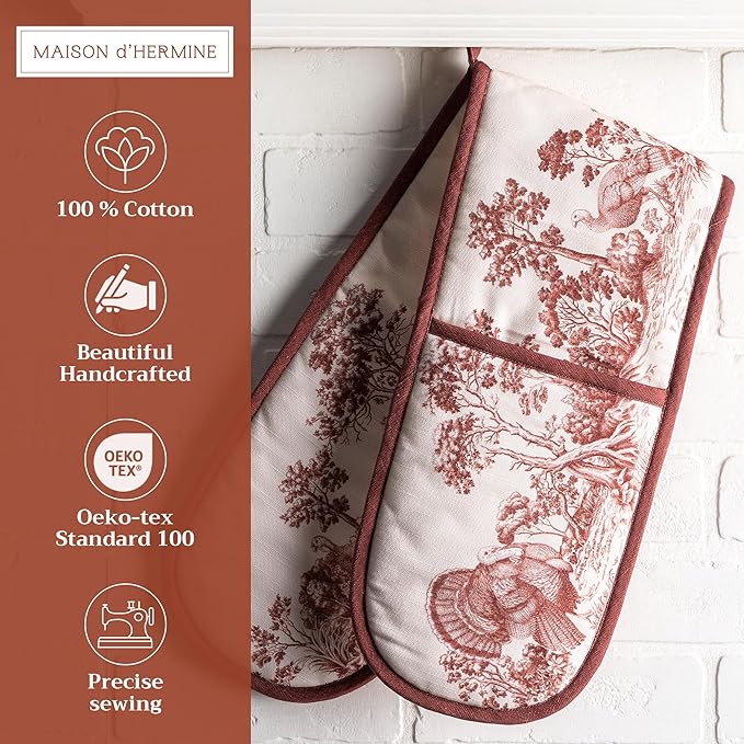 Maison d' Hermine Double Oven Mitt (7" x 35") 100% Cotton Heat Resistant BBQ Cooking Gloves with Loop for Thanksgiving Christmas Decorations Baking Cooking Handling Hot Pan (Holy Jouy - Brown)