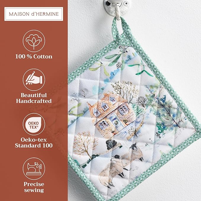 Maison d' Hermine Pot Holders 100% Cotton Heat Resistant Potholders 8" x 8" Hot Pads with Loop for Thanksgiving Christmas Decorations BBQ Cooking Baking Handling Hot Pans (Pack of 1, Snowy World)