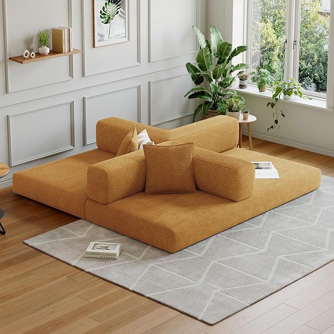 98.4''Convertible Sleeper Sofa Bed,Compressed Floor Boneless Couch,Modular Modern Corduroy Sofa for Living Room Bedroom -with Fixed-Shape Frame and Support Armrest,Easy Assembly(Yellow)